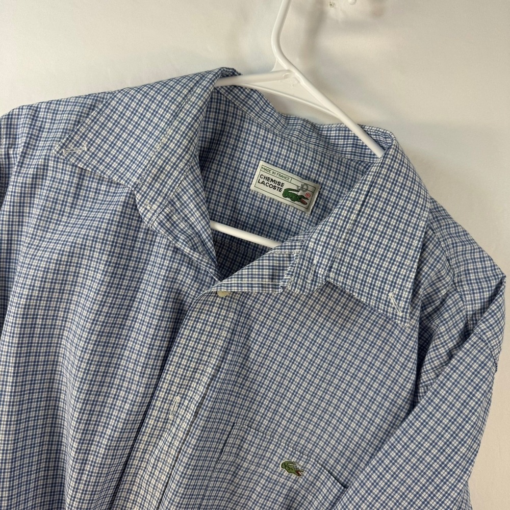 Vintage Chemise Lacoste Mens Blue Gingham Button Down Shirt Made in France XL